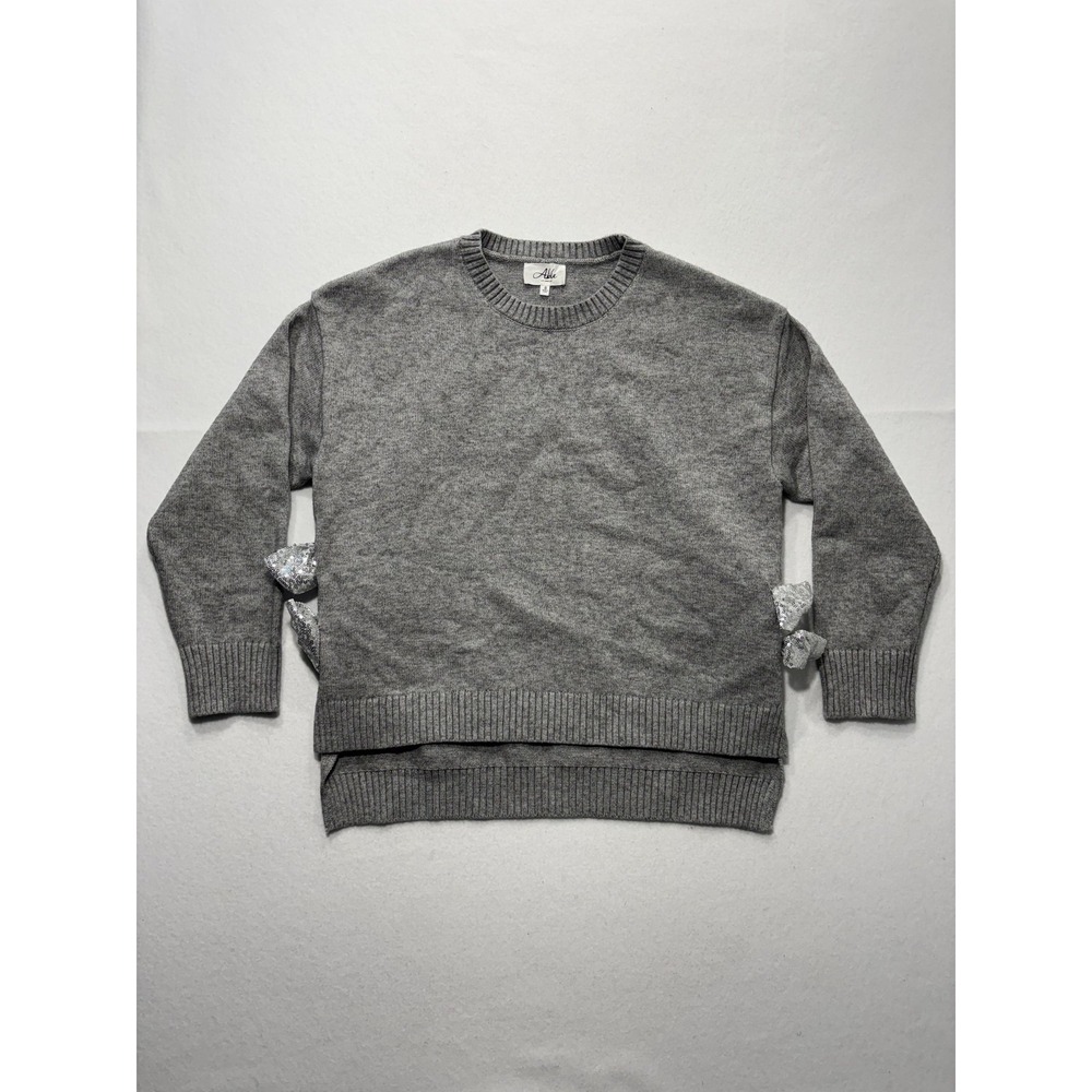 Able Sweater Womens Small Gray Crew Neck Sequin Bow Side Slit Knit Pullover